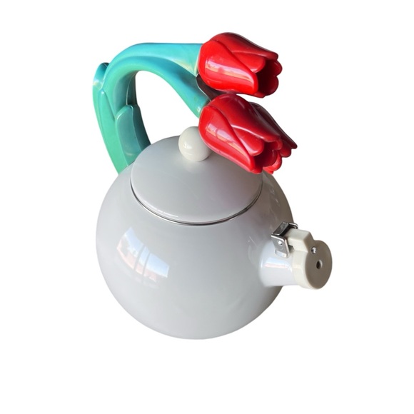 VTG 1995 Via Ancona White Whistling Kettle Teapot Red Tulips